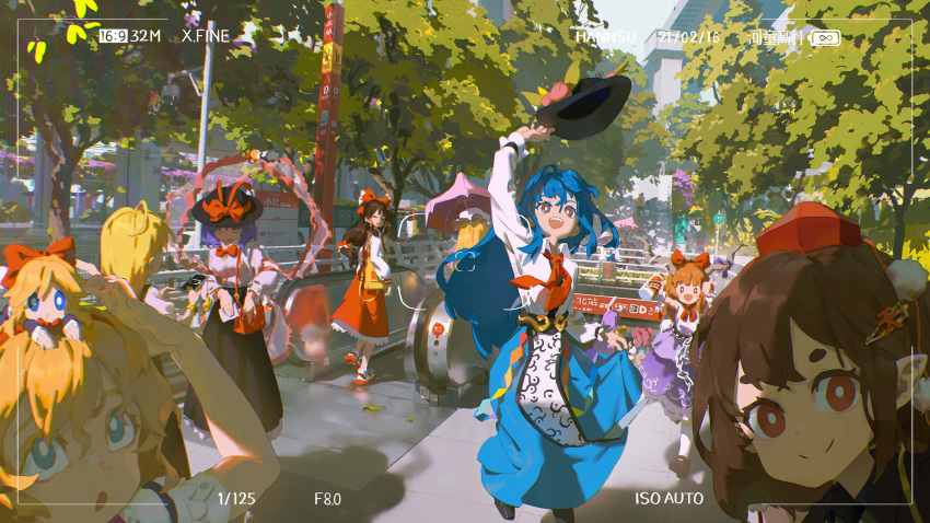 6+girls :d :o ahoge alice_margatroid animal_ears artist_name bag bat_wings battery_indicator black_dress black_footwear black_hairband black_headwear black_skirt blonde_hair blue_eyes blue_hair blue_headwear blue_kimono blue_skirt bottle bow bow_hairband bowtie bright_pupils brown_eyes brown_hair cellphone chinese_commentary city closed_eyes closed_mouth commentary_request contemporary dated dress escalator green_vest grey_hair hagoromo hair_between_eyes hair_bobbles hair_bow hair_ornament hair_tubes hairband hairclip hakurei_reimu hand_up handbag hannsu hat hat_bow hat_ribbon highres hinanawi_tenshi holding holding_bottle holding_clothes holding_hat holding_phone holding_umbrella horn_ornament horn_ribbon horns ibuki_suika izayoi_sakuya japanese_clothes kimono kirisame_marisa konpaku_youmu long_hair long_sleeves looking_at_viewer looking_up low-tied_long_hair lunatic_gun maid_headdress medium_hair mob_cap multiple_girls nagae_iku necktie oni_horns onozuka_komachi open_mouth orange_hair outdoors parasol patchouli_knowledge peach_hat_ornament phone pink_hair ponytail puffy_short_sleeves puffy_sleeves purple_hair purple_ribbon purple_skirt rabbit_ears red_bag red_bow red_bowtie red_eyes red_footwear red_hair red_headwear red_necktie red_ribbon red_skirt red_vest reisen_udongein_inaba remilia_scarlet ribbon road_sign saigyouji_yuyuko shameimaru_aya shanghai_doll shawl shirt short_sleeves short_twintails sidelocks sign skirt sleeve_cuffs smartphone smile socks split_mouth stairs sun_hat sundress teeth tokin_hat touhou tree twintails umbrella upper_teeth vest viewfinder white_dress white_hair white_headwear white_pupils white_shirt white_socks wings yakumo_yukari yellow_bag