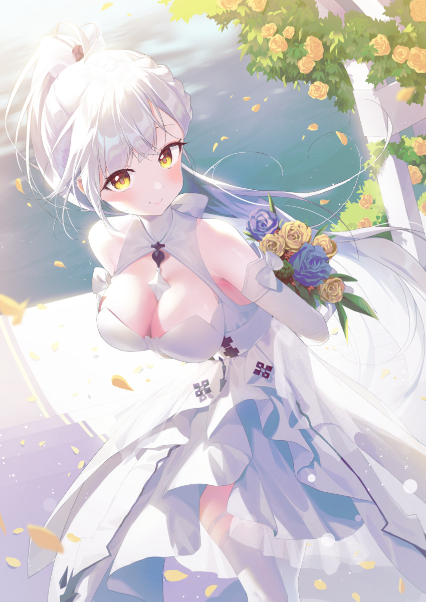 1girl alpha_(ypalpha79) arms_behind_back bangs breasts cleavage commentary dress flower highres long_hair looking_at_viewer medium_breasts official_alternate_costume outdoors ponytail saki_fuwa_(tower_of_fantasy) smile solo symbol-only_commentary tower_of_fantasy wedding wedding_dress white_dress white_hair yellow_eyes