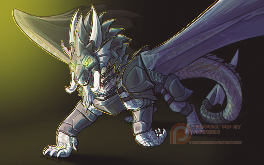 16:10 ambiguous_gender armor artist_name chain dragon ear_frill empty_eyes feral frill_(anatomy) full-length_portrait glistening glistening_armor glowing glowing_eyes grey_armor grey_wings horn kardinaluz membrane_(anatomy) membranous_wings patreon patreon_logo portrait quadruped scales shadow shadowwolfhunter simple_background solo text three-quarter_view url white_body white_frill white_horn white_scales widescreen wings