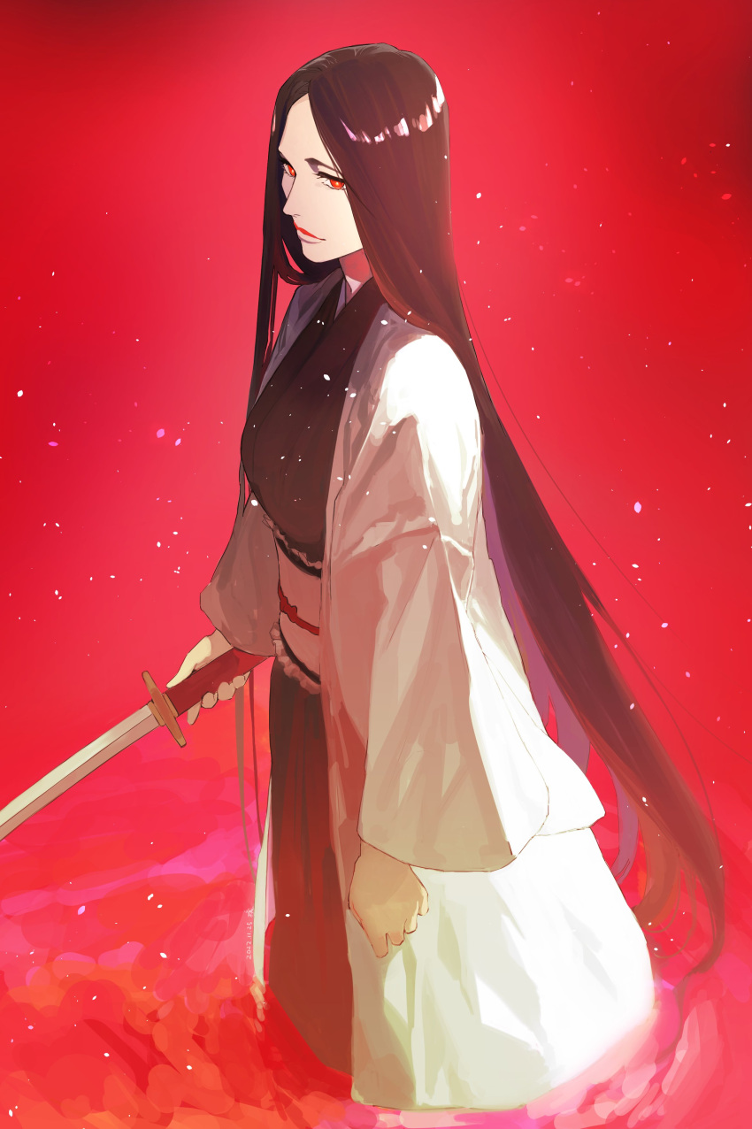 1girl absurdres black_hair bleach bleach:_the_thousand-year_blood_war dated haori highres holding holding_sword holding_weapon japanese_clothes jou_(jo_jjo) long_hair long_sleeves looking_at_viewer obi obiage red_eyes sash simple_background standing sword taichou_haori unohana_retsu very_long_hair weapon wide_sleeves