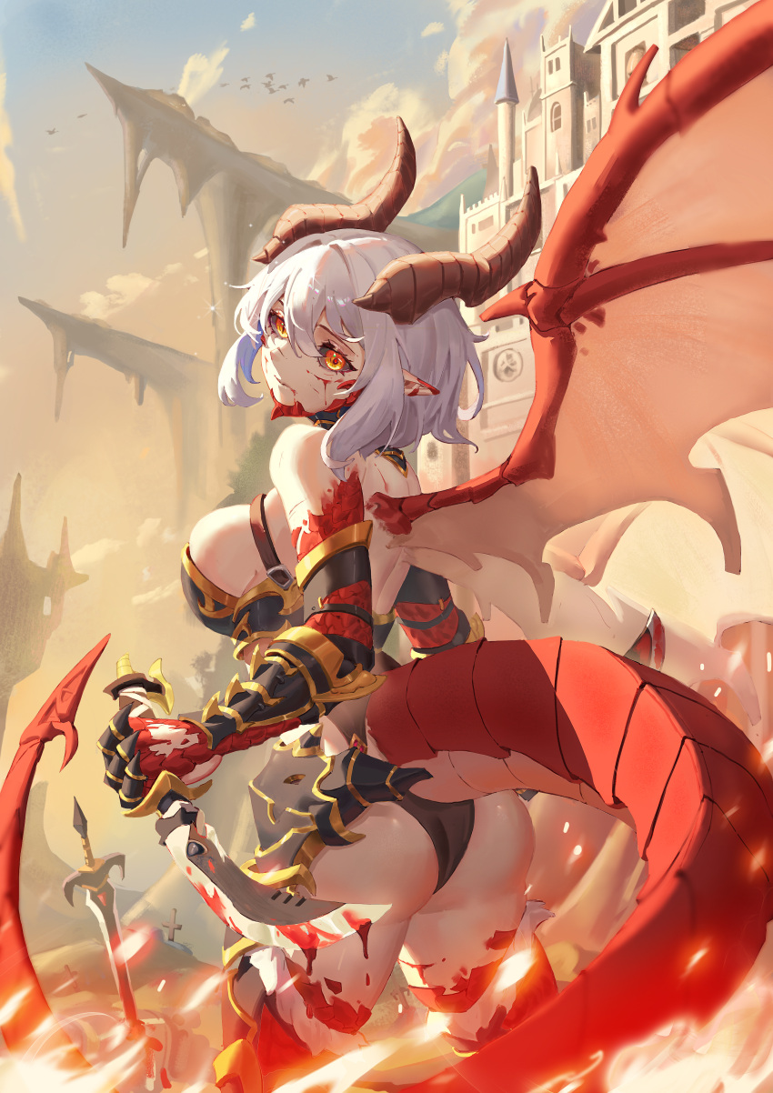 1girl absurdres ass bird black_gloves breasts castle cowboy_shot dragon_girl dragon_horns dragon_tail dragon_wings fantasy fire from_behind gauntlets gloves grey_hair hair_between_eyes highres holding holding_sword holding_weapon horns large_breasts looking_at_viewer looking_back original outdoors planted planted_sword pointy_ears red_eyes scales sheep_(zasxd1468) solo sword tail thighs weapon wings
