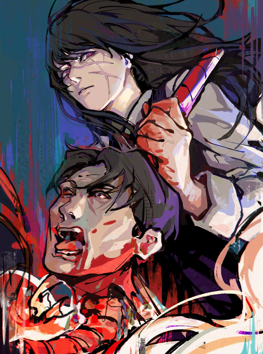 1boy 1girl black_hair blood blood_on_face blood_on_hands chainsaw_man collared_shirt cross_scar dress floating_hair highres holding holding_weapon long_hair looking_at_viewer open_mouth pinafore_dress renshena scar scar_on_cheek scar_on_face screaming severed_head shirt short_hair tanaka_(chainsaw_man) weapon white_shirt yoru_(chainsaw_man)