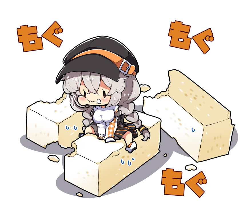 1girl black_headwear blush braid breasts closed_mouth eating food food_on_face full_body grey_hair hair_between_eyes hat highres kizuna_akari large_breasts long_hair long_sleeves milkpanda motion_lines shirt shoes simple_background solo twin_braids voiceroid white_background white_footwear white_shirt
