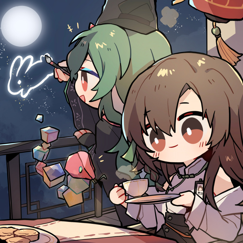 black_headwear brown_eyes brown_hair chinese_new_year cup girls'_frontline girls'_frontline_neural_cloud green_hair hat highres labcoat long_hair moon moon_rabbit name_tag rabbit tea teacup