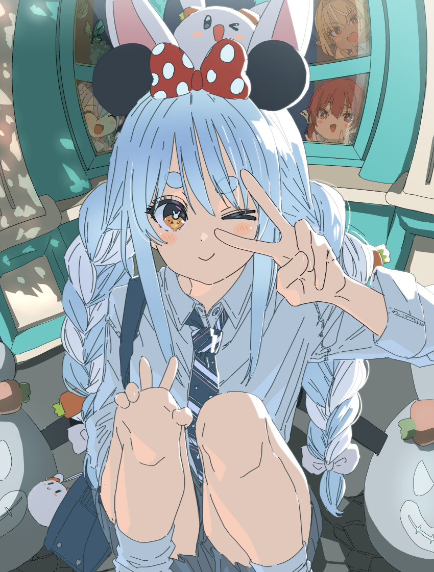 4girls absurdres animal_ears aqua_butterfly bangs bare_legs blue_hair blue_necktie bow braid breasts brown_eyes bug bunny-shaped_pupils butterfly closed_mouth collared_shirt commentary_request floor hair_bow hand_on_own_knee hasu highres hololive houshou_marine indoors long_hair long_sleeves looking_at_viewer looking_through_window loose_necktie loose_socks multicolored_hair multicolored_necktie multiple_girls necktie one_eye_closed polka_dot polka_dot_bow rabbit_ears rabbit_girl red_bow school_uniform shiranui_flare shirogane_noel shirt shirt_tucked_in sidelocks sleeves_rolled_up smile socks squatting stone_floor striped_necktie stuffed_animal stuffed_toy symbol-shaped_pupils thighs twin_braids two-tone_hair usada_pekora v very_long_hair virtual_youtuber white_bow white_hair white_necktie white_shirt white_socks window