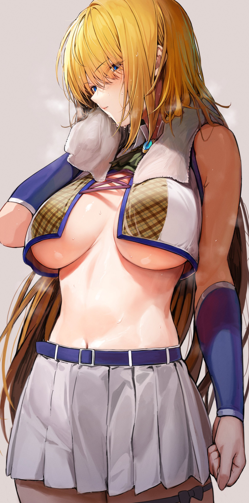 1girl absurdres bangs bare_shoulders belt blonde_hair blue_belt blue_eyes breasts brooch cleavage clenched_hand crop_top hair_over_eyes highres jewelry large_breasts long_hair marse_(rokudaime) miniskirt mole mole_under_eye navel original pleated_skirt skirt solo standing sweat thigh_strap towel towel_around_neck unfinished white_background