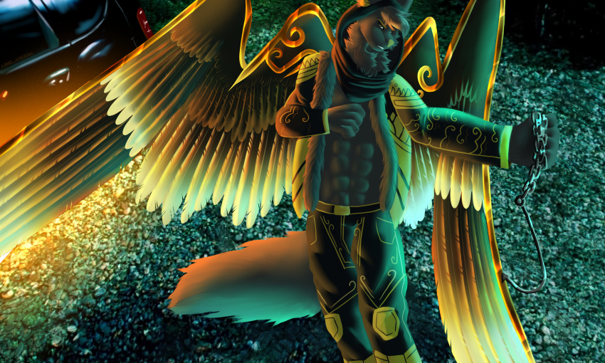 abs absurd_res angel angel_humanoid anthro black_body black_fur canid canid_demon canine canis car chain demon feathered_wings feathers fur hellhound hi_res hood humanoid lime_adesna lime_adesna(artist) looking_at_viewer male mammal pentagram raised_arm shadethehellhound solo vehicle wings wolf yellow_body yellow_eyes yellow_fur