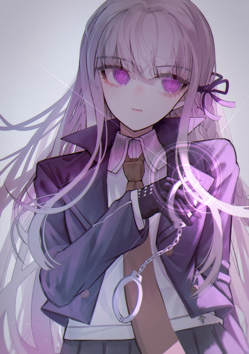1girl absurdres arm_at_side bangs black_gloves blunt_bangs braid brown_necktie closed_mouth collared_shirt cuffs danganronpa:_trigger_happy_havoc danganronpa_(series) gloves gradient gradient_background grey_background grey_hair hair_ribbon hand_up handcuffs highres holding holding_handcuffs jacket kirigiri_kyouko long_hair long_sleeves necktie open_clothes open_jacket pleated_skirt purple_eyes ribbon shirt side_braid sideways_glance skirt solo wny_(wnys_art)