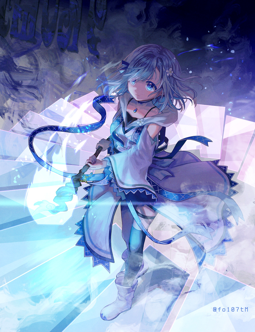 1girl asymmetrical_legwear bangs black_thighhighs blue_background blue_eyes blue_gemstone blue_ribbon boots chest_jewel closed_mouth detached_sleeves flower full_body gem grey_hair hair_flower hair_ornament hair_ribbon highres holding holding_staff hooded_kimono isuzu_ren japanese_clothes kimono long_bangs long_sleeves looking_up madoka_runes magia_record:_mahou_shoujo_madoka_magica_gaiden magical_girl mahou_shoujo_madoka_magica medium_hair ribbon right-over-left_kimono solo staff stairs thighhighs thighhighs_under_boots totte twitter_username white_flower white_footwear white_kimono