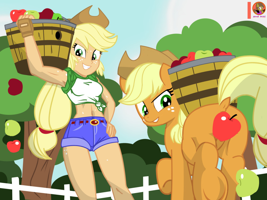 apple applejack_(mlp) bucket censored_pussy container convenient_censorship duo equestria_girls female female/female feral friendship_is_magic hair hasbro hi_res human looking_at_viewer mammal moon_pearl my_little_pony ponytail self_paradox succubi_samus