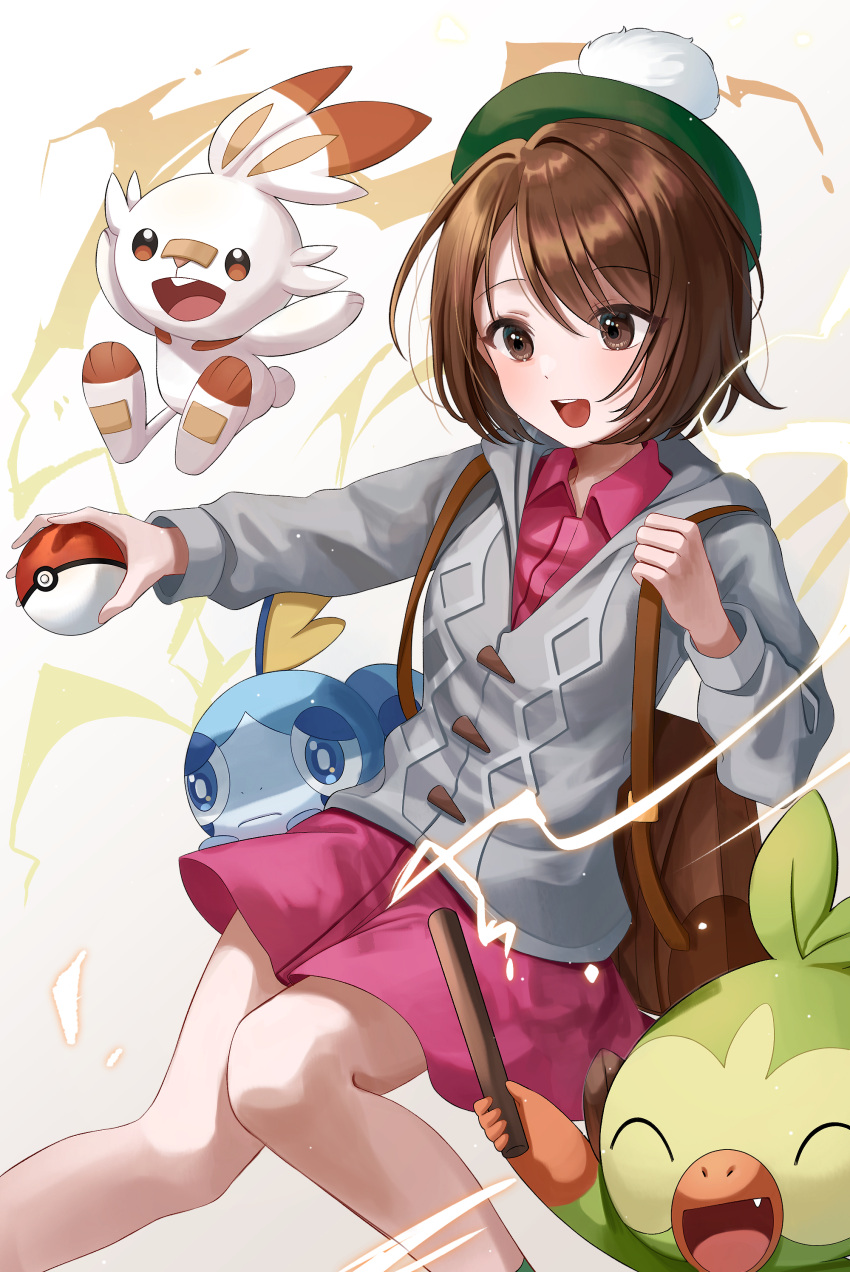 1girl :d absurdres backpack bag bob_cut brown_bag brown_eyes brown_hair cable_knit cardigan collared_dress commentary_request dress gloria_(pokemon) green_headwear grey_cardigan grookey hat highres holding holding_poke_ball holding_strap hooded_cardigan open_mouth pink_dress poke_ball poke_ball_(basic) pokemon pokemon_(creature) pokemon_(game) pokemon_swsh scorbunny short_hair smile sobble starter_pokemon_trio tam_o'_shanter teeth tongue toto05_08 upper_teeth