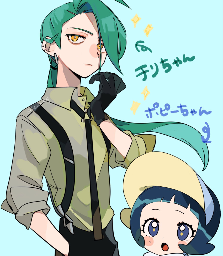 2girls :o arrow_(symbol) bangs black_gloves black_necktie black_pants blunt_bangs blush_stickers bonnet bright_pupils closed_mouth collared_shirt commentary_request eyelashes gloves green_hair hand_in_pocket hand_up highres long_hair momotose_(hzuu_xh4) multiple_girls necktie pants pokemon pokemon_(game) pokemon_sv poppy_(pokemon) rika_(pokemon) shirt sparkle suspenders white_pupils yellow_eyes