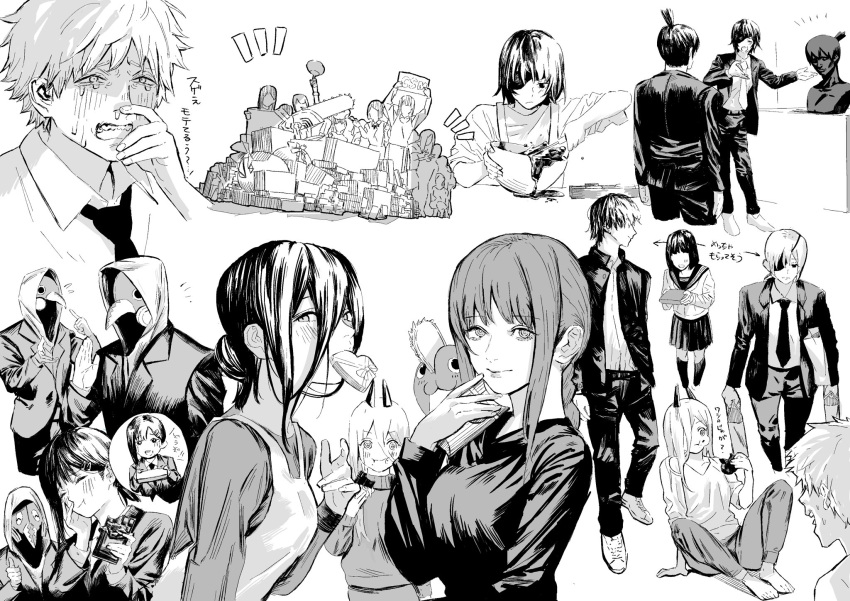 apron bangs black_dress black_hair black_jacket black_necktie black_pants bowl breasts bust_(sculpture) carrying carrying_under_arm chainsaw chainsaw_man chewing chocolate closed_eyes collared_shirt cross-shaped_pupils crying crying_with_eyes_open denji_(chainsaw_man) dress eating extra eyepatch food formal gakuran grey_hair greyscale hair_between_eyes hair_ornament hair_over_one_eye hairclip hayakawa_aki higashiyama_kobeni highres himeno_(chainsaw_man) holding holding_bowl holding_chocolate holding_food hood horns jacket long_hair looking_at_viewer looking_back looking_to_the_side makima_(chainsaw_man) medium_breasts medium_hair mixing_bowl monochrome multiple_boys multiple_girls necktie pants plague_doctor_mask power_(chainsaw_man) quanxi_(chainsaw_man) reze_(chainsaw_man) riki_(riki_unc) ringed_eyes school_uniform shirt short_hair sidelocks simple_background single_sidelock smile snot spiked_hair suit symbol-shaped_pupils tears topknot violence_devil_(chainsaw_man) white_background white_hair white_shirt yoshida_hirofumi