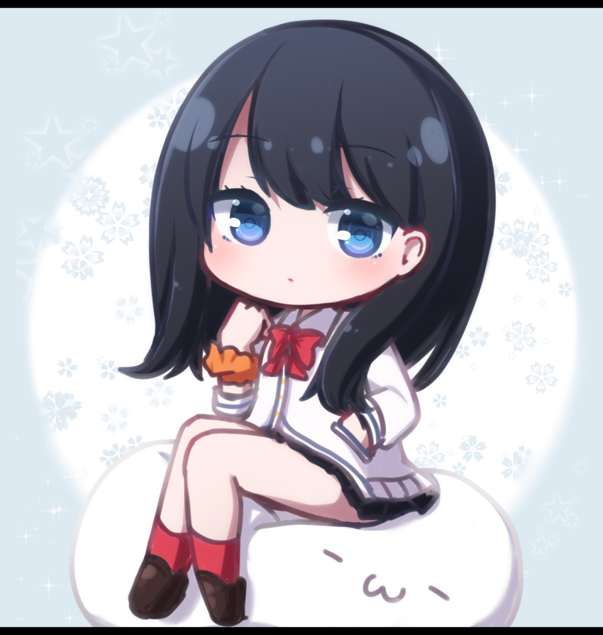 1girl bangs black_hair black_skirt blue_background blue_eyes blush bow brown_footwear cardigan chibi closed_mouth commentary_request floral_background full_body gridman_universe hand_in_pocket hand_up highres letterboxed loafers long_hair long_sleeves looking_at_viewer miniskirt orange_scrunchie pleated_skirt red_bow red_socks rensei scrunchie shoes sitting skirt socks solo ssss.gridman takarada_rikka two-tone_background white_background white_cardigan wrist_scrunchie