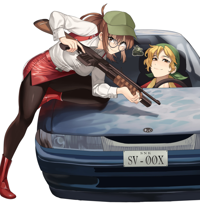 2girls absurdres alternate_costume ankle_boots bandana baseball_cap black_pantyhose blonde_hair boots breasts brown_eyes brown_hair car commission english_commentary fio_germi green_headwear ground_vehicle gun gunsmith_cats hanny_(uirusu_chan) hat highres holding holding_gun holding_weapon kasamoto_eri large_breasts leather_skirt leg_up looking_at_viewer medium_hair metal_slug motor_vehicle multiple_girls pantyhose ponytail pump_action red_footwear red_skirt red_vest shirt short_hair shotgun skirt steering_wheel subaru_(brand) subaru_svx sv001_(metal_slug) trigger_discipline upskirt vest weapon white_background white_shirt