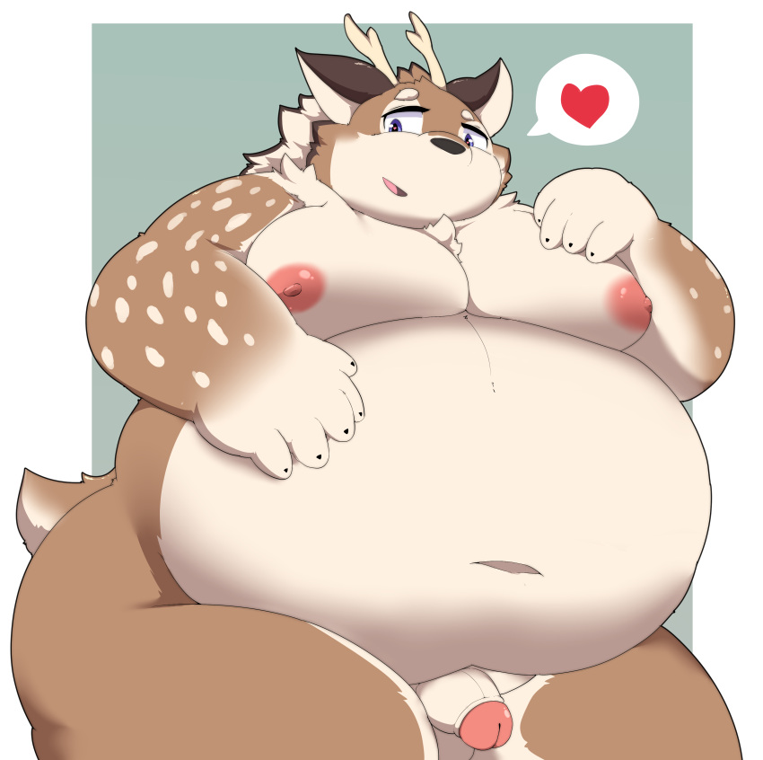 &lt;3 2022 absurd_res anthro balls belly big_belly big_moobs brown_body cervid genitals hi_res kazusa kemono kusosensei male mammal moobs navel nipples obese obese_male overweight overweight_male penis small_penis solo tamacolle