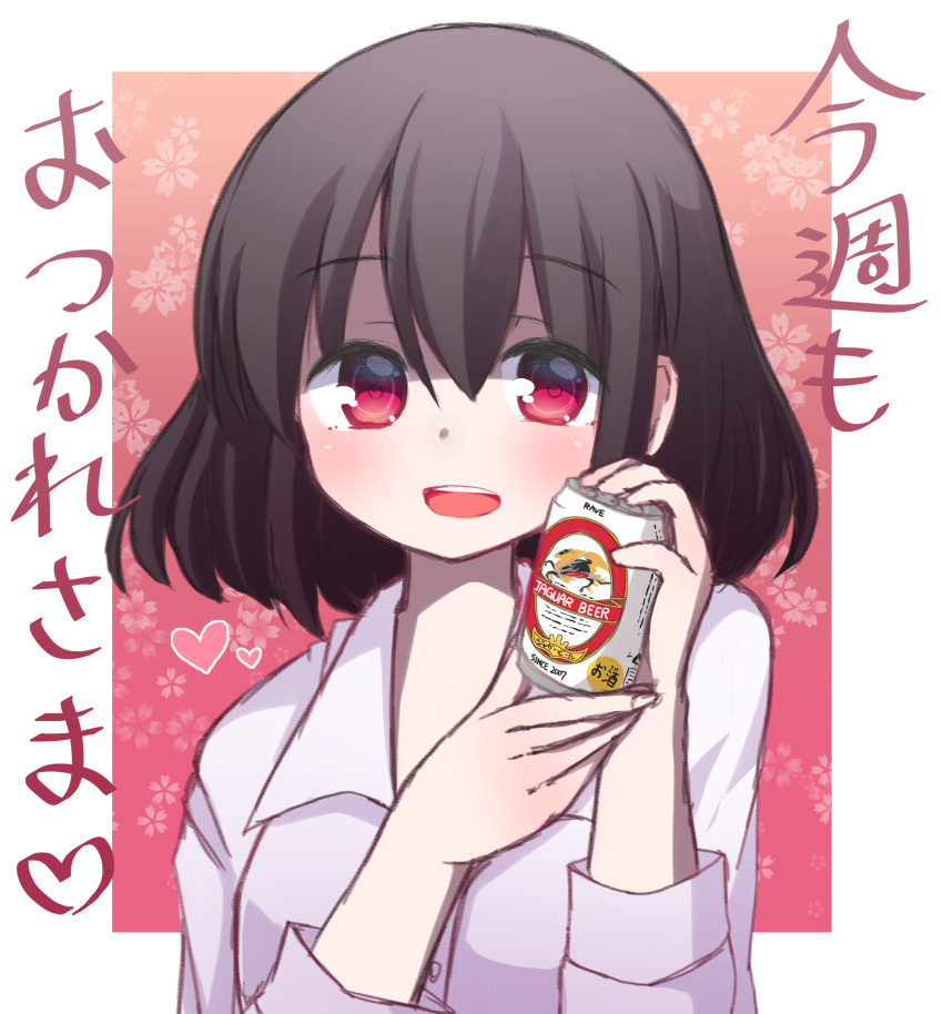 1girl :d bangs beer_can black_hair can collared_shirt commentary_request dress_shirt floral_background hair_between_eyes heart highres holding holding_can long_sleeves looking_at_viewer original red_background red_eyes rensei shirt smile solo translation_request two-tone_background upper_body white_background white_shirt