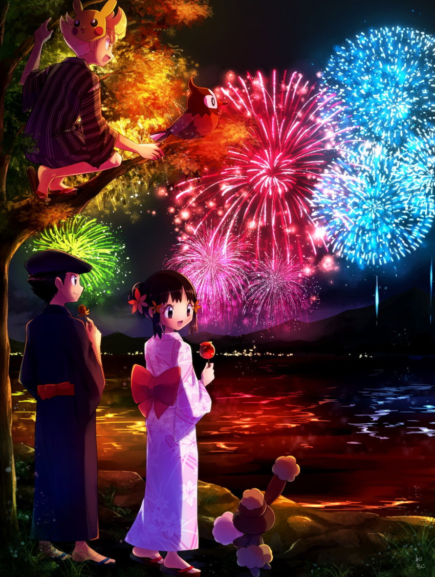 1girl 2boys barry_(pokemon) black_hair black_headwear black_kimono blonde_hair buneary candy_apple dawn_(pokemon) fireworks floral_print flower food from_behind full_body hair_flower hair_ornament hat highres japanese_clothes kimono long_sleeves lucas_(pokemon) multiple_boys night outdoors pikachu pink_kimono pokemon pokemon_(creature) pokemon_(game) pokemon_dppt print_kimono red_flower sawarabi_(sawarabi725) shiny shiny_hair sidelocks standing striped striped_kimono summer updo