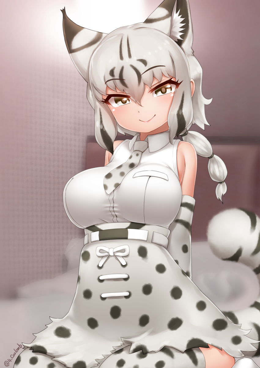 1girl animal_ears animal_print arms_behind_back bangs bare_shoulders black_hair blurry blurry_background bobcat_(kemono_friends) breast_pocket breasts closed_mouth collared_shirt elbow_gloves extra_ears gloves grey_eyes grey_hair hair_between_eyes high-waist_skirt highres indoors kemono_friends long_hair looking_at_viewer medium_breasts miniskirt multicolored_hair necktie pocket ponytail print_gloves print_necktie print_skirt print_thighhighs seiza shirt sitting skirt sleeveless sleeveless_shirt smile solo tail thighhighs two-tone_hair white_shirt wing_collar yonkuron zettai_ryouiki