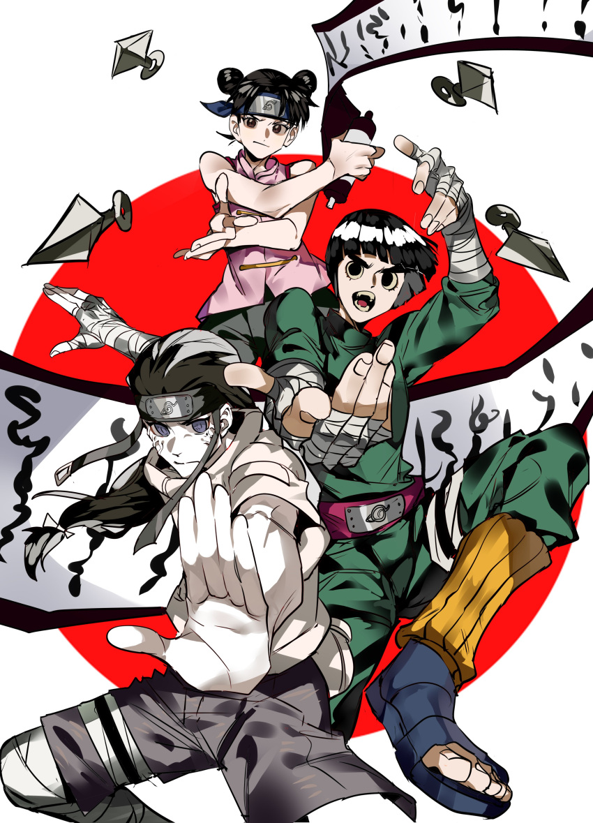 1girl 2boys absurdres bandaged_arm bandaged_hand bandages bangs belt blunt_bangs blunt_ends bodysuit bowl_cut double_bun facial_mark fighting_stance green_bodysuit grey_pants grey_shorts hair_bun headband highres hyuuga_neji knife leg_warmers long_hair long_sleeves low-tied_long_hair multiple_boys naruto_(series) outstretched_hand pants parted_bangs pink_shirt red_belt rock_lee sandals shirt short_hair shorts sleeveless sleeveless_shirt tenten_(naruto) thick_eyebrows throwing_knife toeless_footwear weapon xi_luo_an_ya