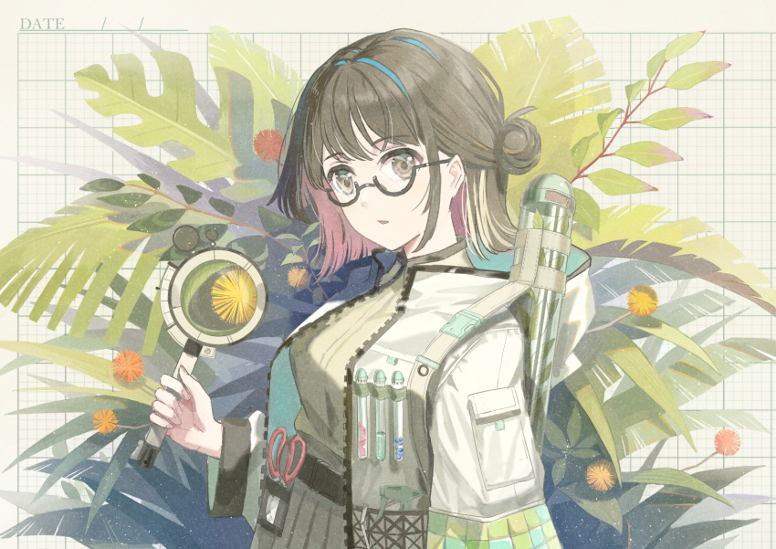 1girl bangs belt blue_hair bottle brown_eyes brown_hair collared_shirt fern flower glasses grid_background hair_bun high_collar highres holding holding_magnifying_glass jacket long_sleeves looking_at_viewer magnifying_glass multicolored_hair original parted_lips plant pleated_skirt pocket scissors shi-ro shirt short_hair skirt solo spray_bottle streaked_hair test_tube utility_belt