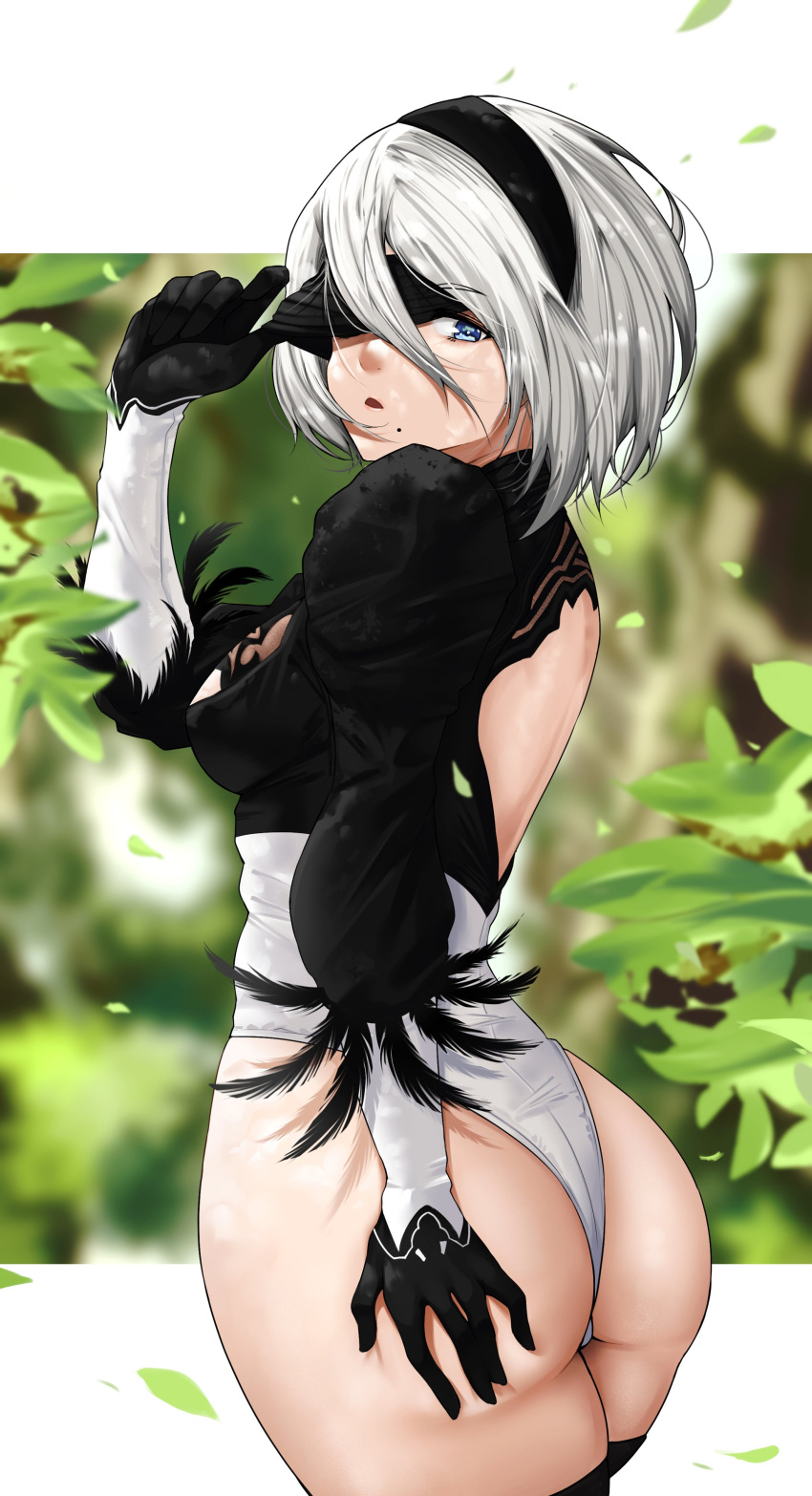 1girl absurdres ass bangs blindfold blue_eyes blurry blurry_background breasts commentary feather_trim hair_ornament hairband hand_on_own_ass hand_up highleg highleg_leotard highres leotard long_sleeves looking_at_viewer looking_back luxpineapple mole mole_under_mouth nier_(series) nier_automata puffy_sleeves short_hair simple_background solo thighhighs thighs white_hair yorha_no._2_type_b