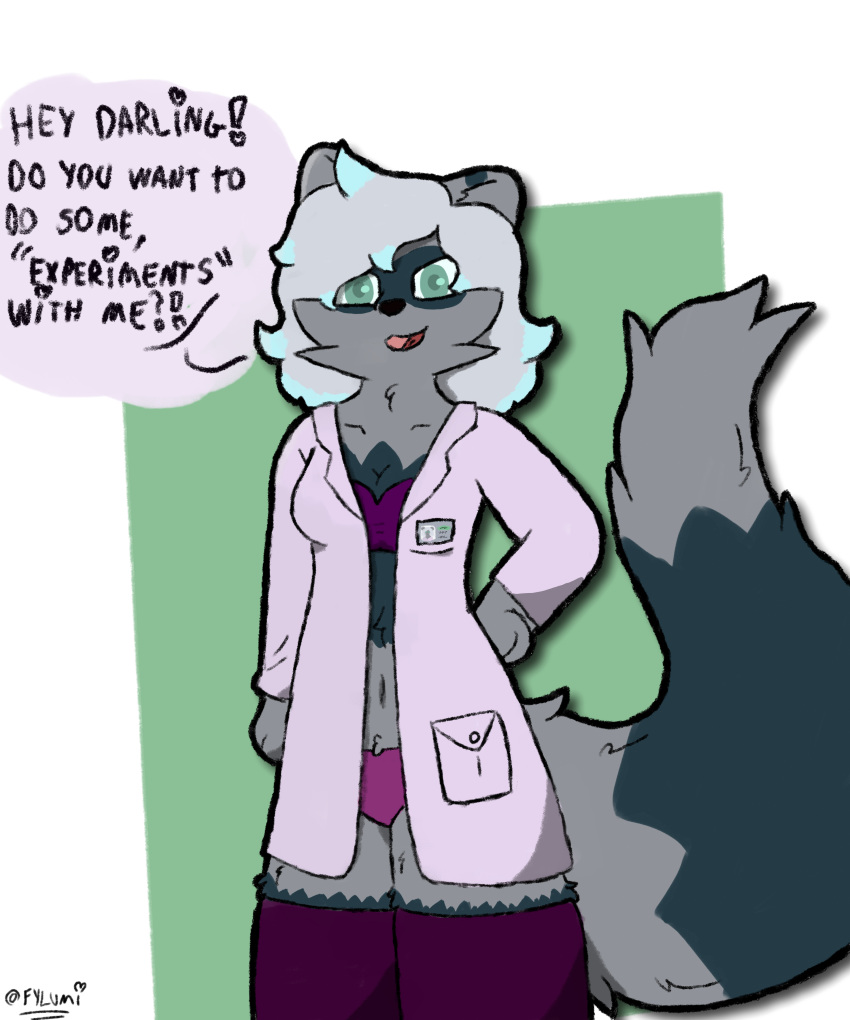 absurd_res anthro big_tail breasts cleavage clothed clothing coat dialogue digital_media_(artwork) domestic_ferret female femlumi(fylumi) fluffy fylumi green_eyes grey_body hair hi_res hybrid lab_coat legwear looking_at_viewer mammal mustela mustelid musteline partially_clothed pink_clothing procyonid purple_clothing purple_legwear purple_thigh_highs purple_underwear raccoon shaded simple_background simple_coloring simple_eyes simple_face simple_nose simple_shading solo solo_focus solo_in_panel speech_bubble suggestive_look talking_to_viewer thigh_highs topwear true_musteline underwear white_hair