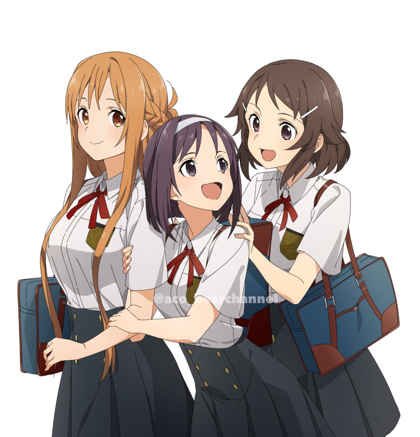 3girls :d aco_(bearchannel) arm_grab asuna_(sao) bag black_eyes black_skirt breast_pocket brown_eyes brown_hair character_request closed_mouth collared_shirt dress_shirt eye_contact freckles hand_on_another's_shoulder high-waist_skirt highres lisbeth_(sao) long_hair looking_at_another medium_hair multiple_girls neck_ribbon open_mouth pleated_skirt pocket red_ribbon ribbon school_bag school_uniform shiny shiny_hair shirt short_sleeves simple_background skirt smile standing sword_art_online twitter_username very_long_hair watermark white_background white_shirt wing_collar