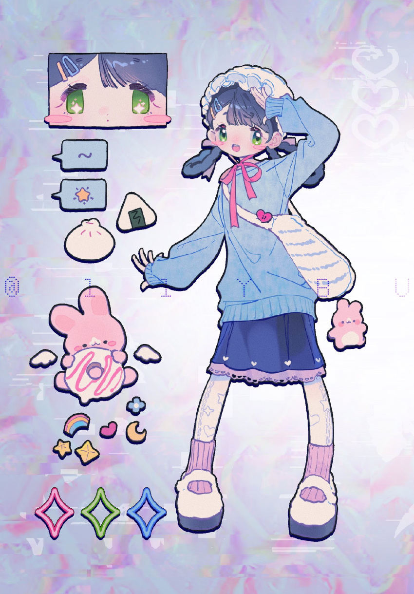1girl :d arm_up asymmetrical_bangs badge bag bangs blue_flower blue_hair blue_skirt blue_sweater blush_stickers button_badge close-up crescent doughnut dumpling female_child film_grain flower food full_body glitch hair_ornament hair_rings hairclip handbag headwear_request heart heart_background heart_print hidari_(nanmu-left) highres leggings light_blue_background long_hair looking_at_viewer looking_to_the_side mary_janes neck_ribbon onigiri open_hands open_mouth original outstretched_arm pink_ribbon pink_socks platform_footwear rabbit rainbow reference_sheet ribbon salute shoes short_eyebrows sideways_glance skirt sleeves_past_wrists smile socks solo sparkling_eyes speech_bubble standing star_(symbol) star_print sweater tareme teeth thick_outlines twitter_username upper_teeth watermark white_bag white_footwear white_headwear white_leggings