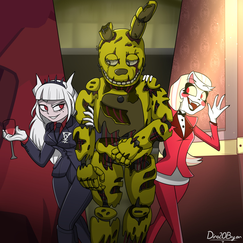 4_fingers 5_fingers absurd_res animatronic anthro beauty_mark black_suit blonde_hair business_suit charlie_morningstar clothing container crossover crown cup damaged demon dino20bryan drinking_glass exposed_endoskeleton female fingers five_nights_at_freddy's five_nights_at_freddy's_3 glass glass_container glass_cup group hair hazbin_hotel helltaker hi_res horn horned_humanoid humanoid lagomorph leporid lucifer_(helltaker) machine male mammal pale_skin rabbit red_eyes red_suit robot scottgames signature springtrap_(fnaf) suit tiara trio undead video_games white_body white_hair white_skin william_afton_(fnaf) wine_glass yellow_body