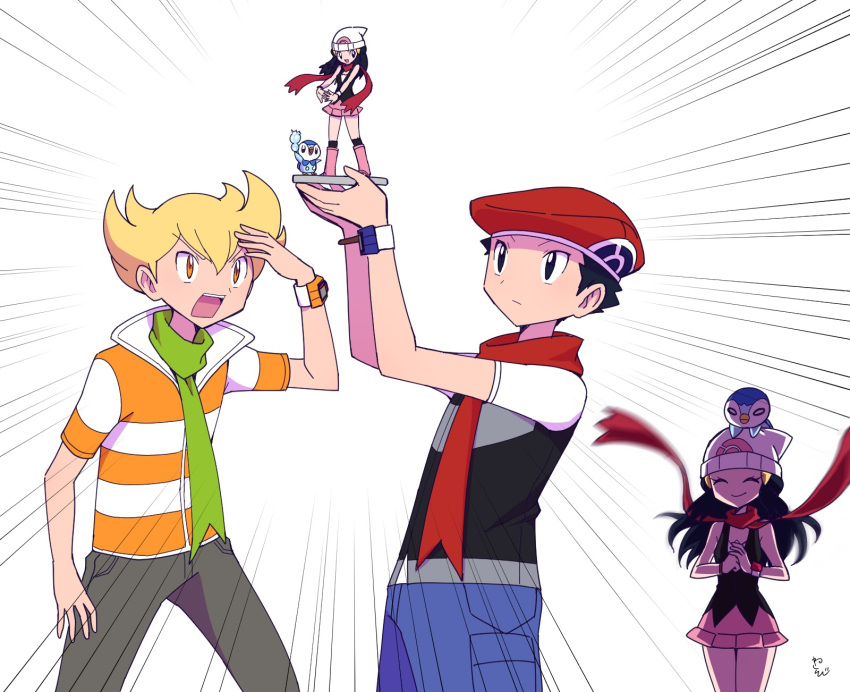 ^_^ arms_up barry_(pokemon) black_eyes black_hair black_shirt blonde_hair blue_pants closed_eyes closed_mouth cowboy_shot dawn_(pokemon) green_scarf grey_pants hair_ornament hairclip hat highres holding jacket long_hair lucas_(pokemon) miniskirt on_head orange_eyes pants pink_skirt piplup poke_ball_print pokemon pokemon_(creature) pokemon_(game) pokemon_dppt pokemon_on_head print_headwear red_headwear red_scarf sawarabi_(sawarabi725) scarf shirt short_hair short_sleeves skirt sleeveless sleeveless_shirt smile striped striped_jacket v-shaped_eyebrows white_background white_headwear white_sleeves