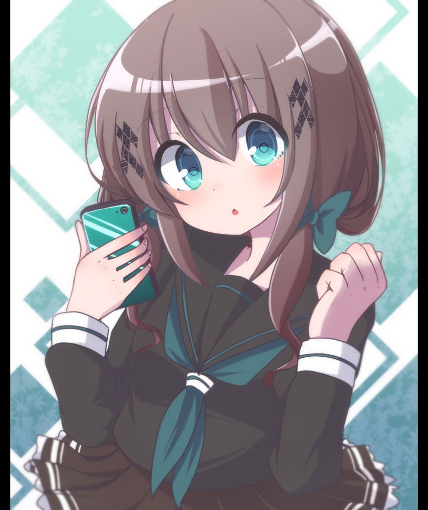 1girl :o bangs black_sailor_collar black_serafuku black_shirt black_skirt blue_bow blue_eyes blue_neckerchief bow brown_hair cellphone hair_between_eyes hair_bow hands_up highres holding holding_phone long_sleeves looking_at_viewer neckerchief original parted_lips phone pillarboxed pleated_skirt rensei sailor_collar school_uniform serafuku shirt skirt solo