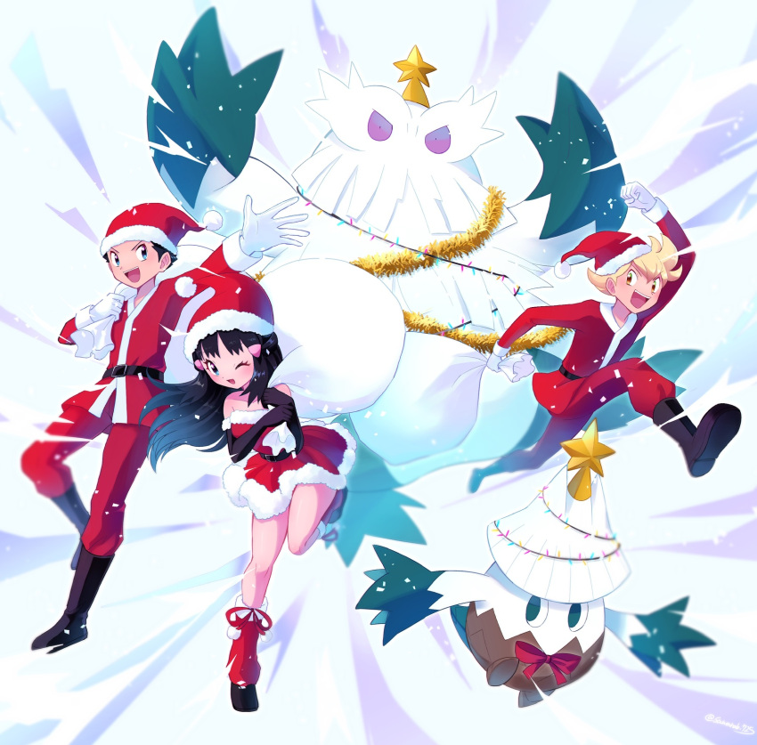 1girl 2boys ;d abomasnow barry_(pokemon) black_gloves black_hair blonde_hair blue_eyes box collarbone dawn_(pokemon) dress elbow_gloves floating_hair fur-trimmed_dress fur-trimmed_headwear fur-trimmed_jacket fur-trimmed_leg_warmers fur_trim gift gift_box gloves hair_ornament hairclip hat highres jacket leg_up long_hair long_sleeves lucas_(pokemon) multiple_boys one_eye_closed open_mouth pants pokemon pokemon_(creature) pokemon_(game) pokemon_dppt red_dress red_headwear red_jacket red_leg_warmer red_pants running santa_costume santa_hat sawarabi_(sawarabi725) shiny shiny_hair short_dress short_hair smile snover strapless strapless_dress v-shaped_eyebrows white_gloves winter