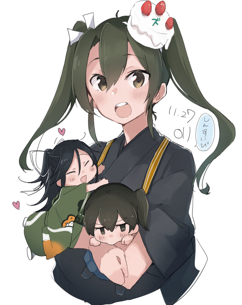 3girls absurdres artist_logo birthday_cake black_hair black_hakama blush brown_eyes brown_hair cake cropped_torso dark_green_hair dated food fruit green_eyes green_hair green_kimono hair_between_eyes hair_ribbon hakama heart highres japanese_clothes kaga_(kancolle) kantai_collection katsuragi_(kancolle) kimono long_hair looking_at_viewer ma_rukan minigirl multiple_girls open_mouth ponytail ribbon side_ponytail signature simple_background smile speech_bubble strawberry tasuki teeth twintails upper_body upper_teeth white_background white_ribbon zuikaku_(kancolle) zuikaku_kai_(kancolle)