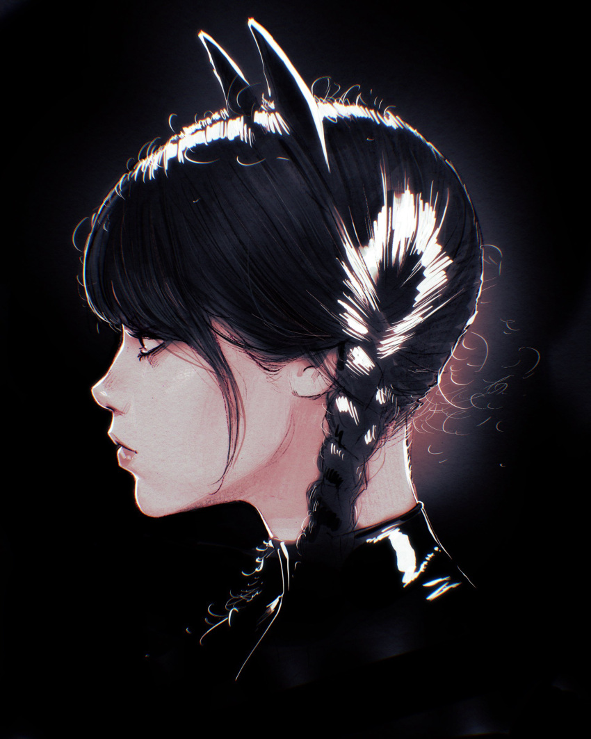 1girl absurdres bangs black_hair braid eyeshadow from_side highres ilya_kuvshinov lips makeup original short_hair solo swept_bangs twin_braids