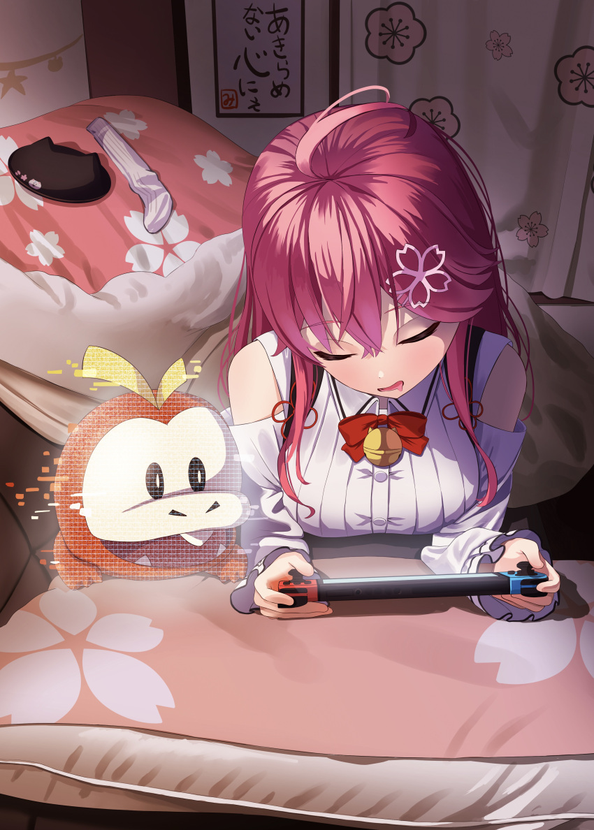 absurdres ahoge asakura_(asa_t77) bare_shoulders bedroom bell breasts closed_eyes dress drooling fuecoco hair_between_eyes hair_ornament hairclip highres hologram hololive indoors large_breasts long_hair long_sleeves lying neck_bell nintendo nintendo_switch on_stomach open_mouth pillow pink_hair pokemon sakura_miko sleeping under_covers virtual_youtuber