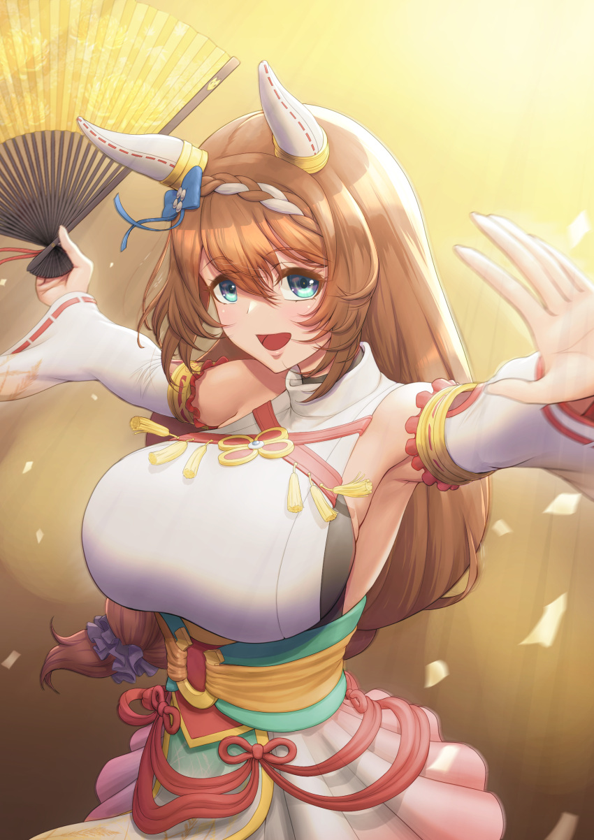 1girl absurdres alternate_costume animal_ears bare_shoulders blue_eyes braid breasts brown_hair crown_braid dress ear_covers folding_fan hair_between_eyes hand_fan high_collar highres holding holding_fan horse_ears horse_girl large_breasts long_hair looking_at_viewer o-ring open_mouth outstretched_arms sash shibakarisena sideboob sleeveless sleeveless_dress smile solo super_creek_(umamusume) umamusume wide_sleeves