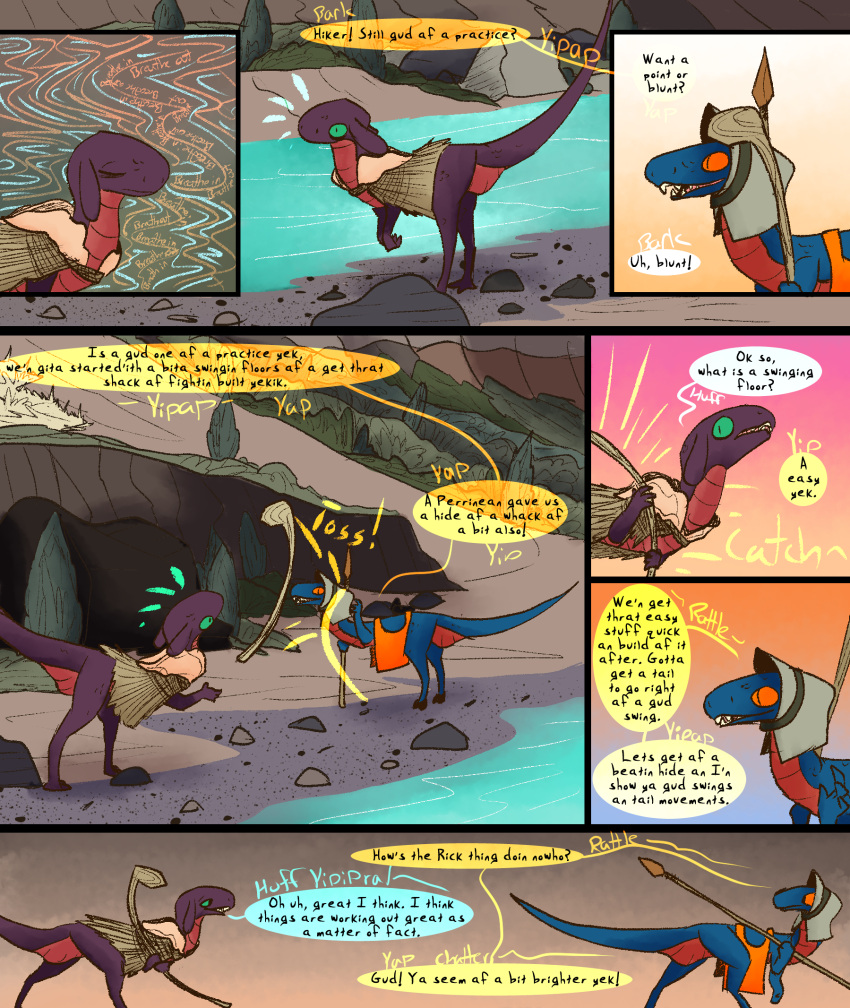 club_(weapon) comic dinosaur dragon dragonscape drekir dromaeosaurid duo female feral forl_(thepatchedragon) hi_res hiker_(thepatchedragon) male melee_weapon post-apocalyptic reptile river scalie text thepatchedragon theropod tribal tribal_clothing water weapon