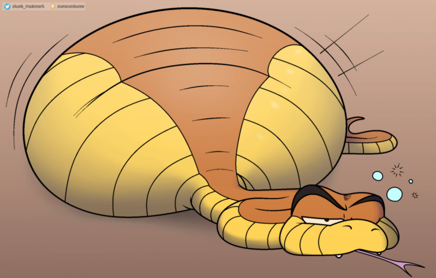 belly big_belly brown_body dreamworks fangs feral foxball half-closed_eyes hyper hyper_belly inflation looking_at_viewer lying male mr._snake_(the_bad_guys) narrowed_eyes nude reptile scalie simple_background snake solo teeth the_bad_guys tired