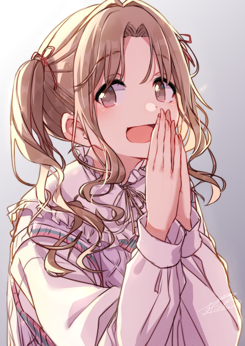 1girl absurdres brown_eyes brown_hair commentary_request gradient gradient_background grey_background hair_ribbon highres ichikawa_hinana idolmaster idolmaster_shiny_colors long_hair long_sleeves looking_at_viewer neck_ribbon open_mouth ribbon solo sweater_vest twintails upper_body zutaboro