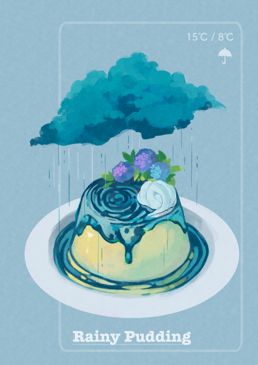 absurdres blue_background blue_flower cloud commentary_request cream english_commentary english_text flower food food_focus highres hydrangea mixed-language_commentary no_humans original plate pudding purple_flower rain simple_background still_life temperature uroko_(rwde4544) water
