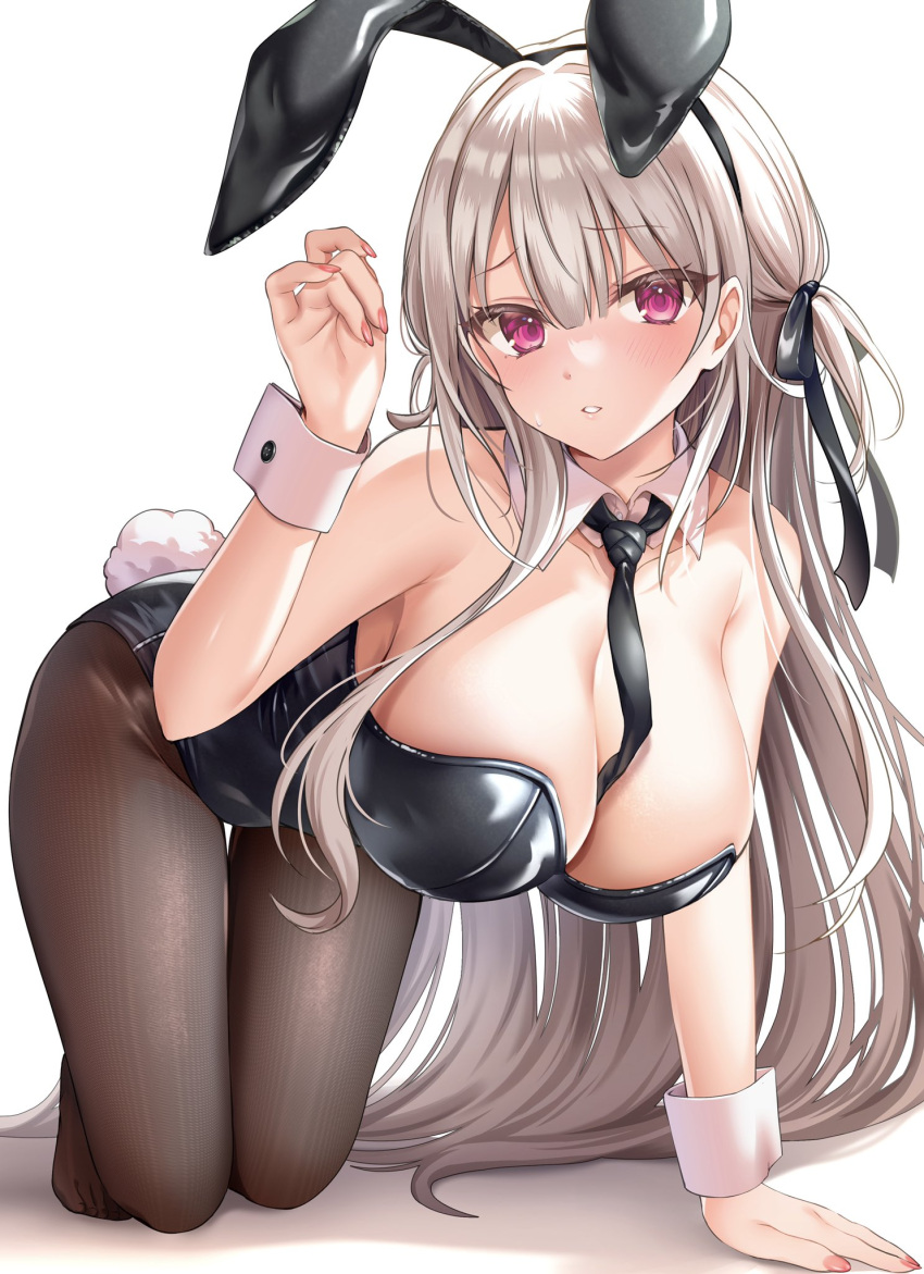 1girl all_fours animal_ears bare_arms bare_shoulders between_breasts black_leotard black_necktie black_ribbon breasts brown_pantyhose cleavage collar commentary detached_collar english_commentary fake_animal_ears fake_tail grey_hair hair_ribbon hand_up highres large_breasts leotard long_hair looking_at_viewer mikeneko_mari nail_polish necktie necktie_between_breasts one_side_up original pantyhose parted_lips playboy_bunny rabbit_ears rabbit_tail raised_eyebrows red_eyes ribbon strapless strapless_leotard tail thighs very_long_hair white_collar wrist_cuffs