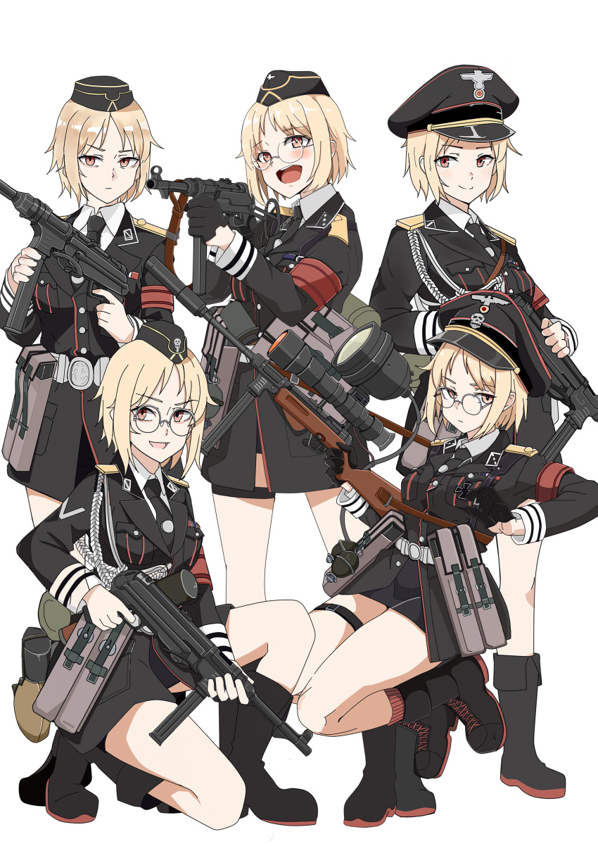 1girl absurdres aiming ammunition_pouch bangs belt bespectacled black_footwear black_headwear black_jacket black_necktie black_socks blonde_hair boots bottle bottomless canteen closed_mouth collar_tabs collared_shirt crazy epaulettes explosive expressions frown gas_mask_canister girls'_frontline glasses grenade gun hat highres holding holding_gun holding_weapon infrared insignia jacket jumping kneeling korean_commentary lanyard leaning light_blush long_sleeves looking_at_viewer looking_away looking_to_the_side midair military_hat military_insignia military_jacket mp40 mp40_(girls'_frontline) mp41 necktie night_vision_device one_knee open_mouth optical_sight parted_lips peaked_cap pouch red_armband red_eyes red_socks reichsadler round_eyewear shirt shoelaces short_hair simple_background sleeve_cuffs sling_(weapon) smile socks solo ss_insignia standing stielhandgranate submachine_gun thigh_strap upper_body wani_(perfect_han) water_bottle weapon white_background white_belt white_shirt zg_1229_vampir