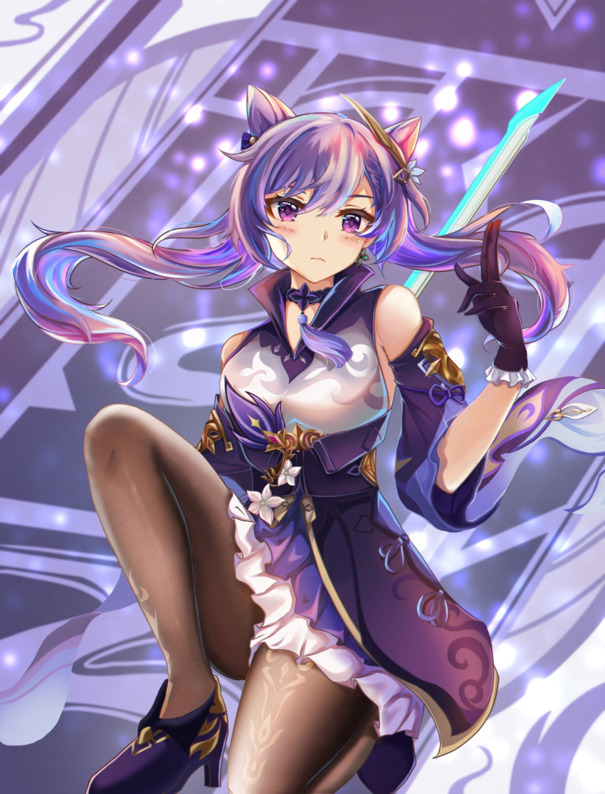 1girl ass bangs black_pantyhose choker commentary_request cone_hair_bun detached_sleeves double_bun genshin_impact gloves hair_between_eyes hair_bun hair_ornament high_heels highres keqing_(genshin_impact) kneeling long_hair looking_at_viewer pantyhose purple_eyes purple_gloves purple_hair short_sleeves sidelocks solo sylnice twintails