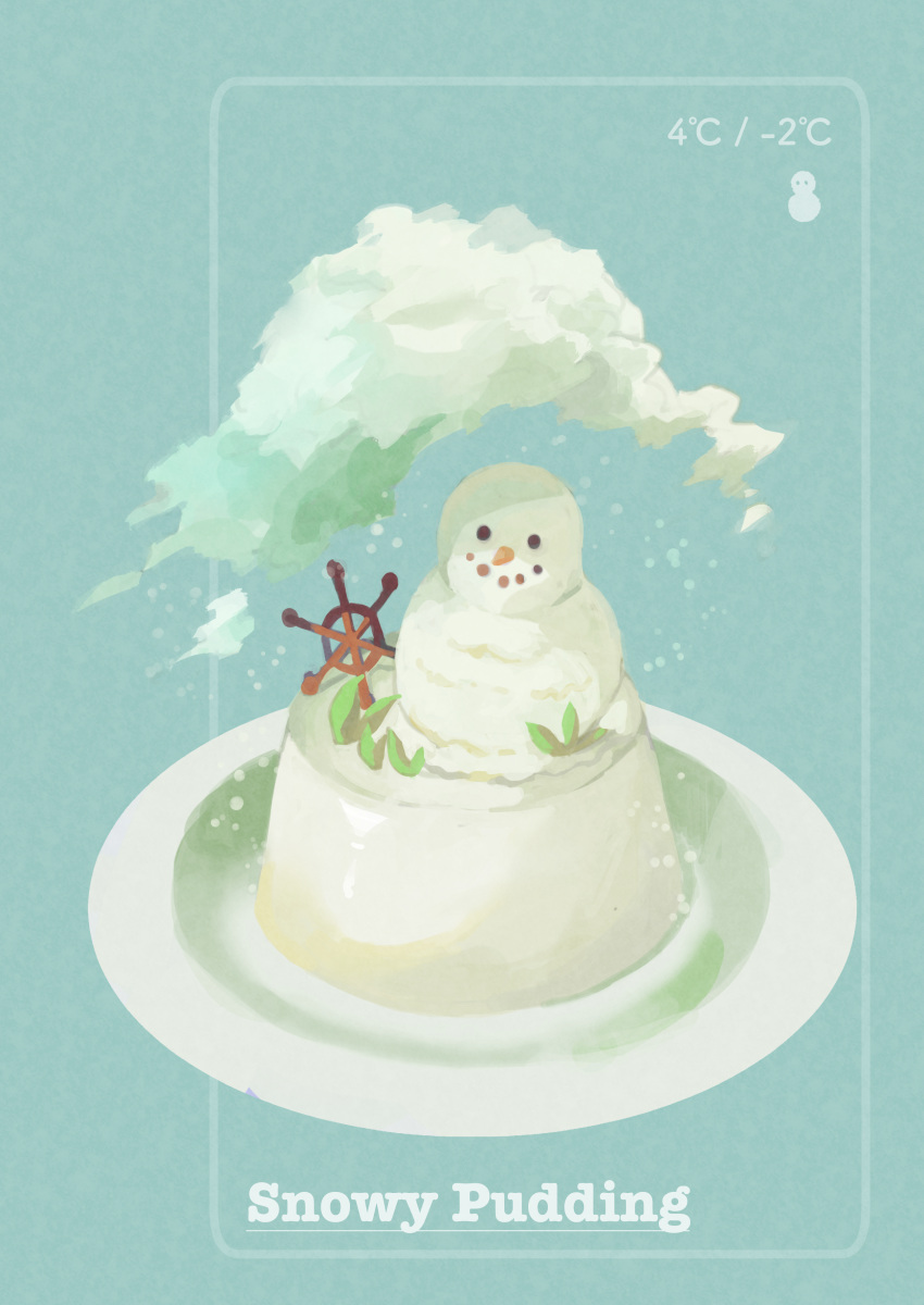 ._. absurdres black_eyes blue_background cloud commentary_request english_commentary english_text food food_focus highres mixed-language_commentary no_humans original plate pudding ship's_wheel simple_background snow snowing snowman still_life temperature uroko_(rwde4544)