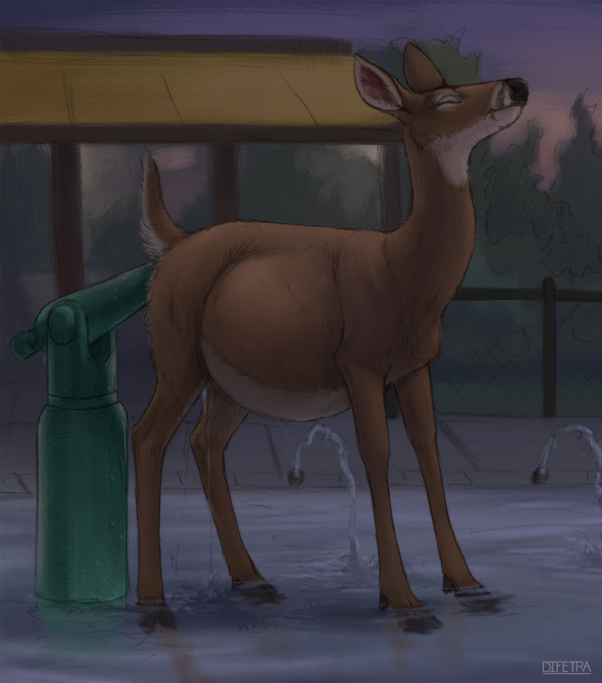 2019 amusement_park belly big_belly black_nose bloated brown_body cervid difetra dusk enema eyes_closed female fence feral hi_res hooves inflation mammal outside penetration quadruped raised_tail smile solo traditional_media_(artwork) water_inflation water_park white_body