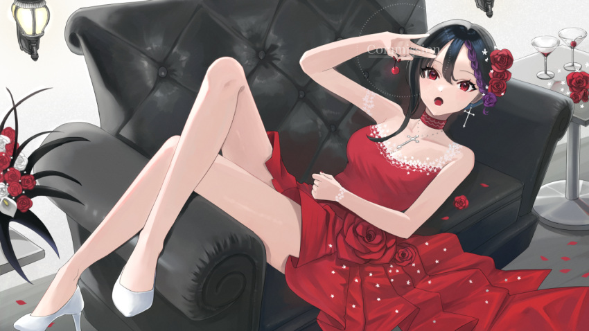 1girl :o bangs black_hair braid braided_bangs cherry choker commission couch cross cross_necklace crossed_legs cup dress dress_flower drinking_glass flower food fruit hair_flower hair_ornament high_heels holding holding_food holding_fruit jewelry komoe_(hinagatu) lying necklace on_back on_couch open_mouth original petals plant purple_hair red_eyes rose rose_petals sleeveless sleeveless_dress solo table watermark wine_glass
