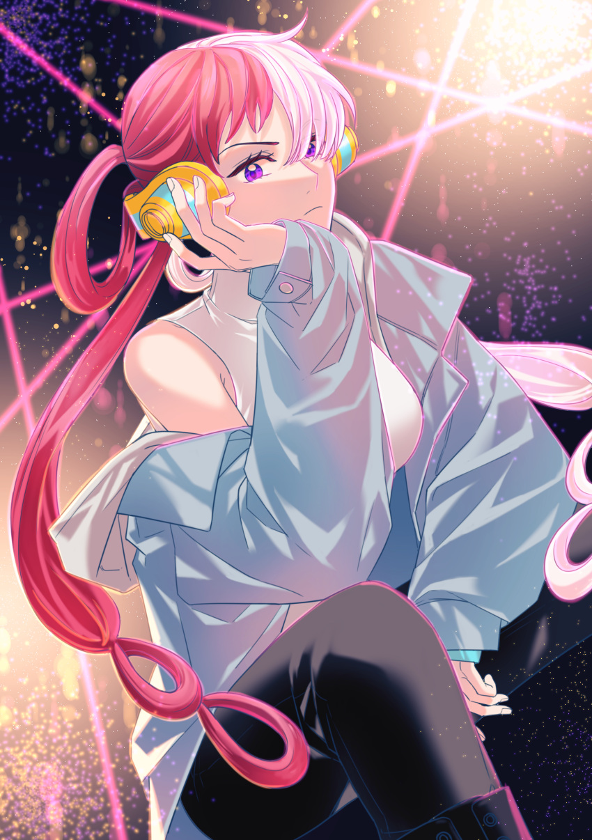 1girl absurdres arm_support bangs bare_shoulders behind-the-head_headphones black_pantyhose breasts frown hair_over_one_eye hair_rings hand_on_hip headphones highres knee_up laser light_particles long_hair long_sleeves looking_at_viewer multicolored_hair off_shoulder ohora one_piece one_piece_film:_red pantyhose purple_eyes red_hair solo split-color_hair stage_lights twintails two-tone_hair uta_(one_piece) white_hair