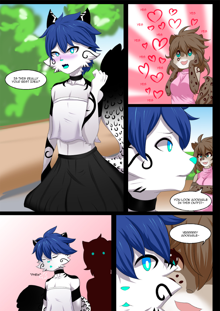 &lt;3 anthro blue_hair blush breasts clothed clothing comic digital_media_(artwork) duo felid female fur girly hair hi_res hybrid kathrin_vaughan keidran male male/female mammal neon_mitsumi open_mouth pantherine shad-up simple_background smile snow_leopard spots spotted_body spotted_fur twokinds webcomic webcomic_character white_body white_fur