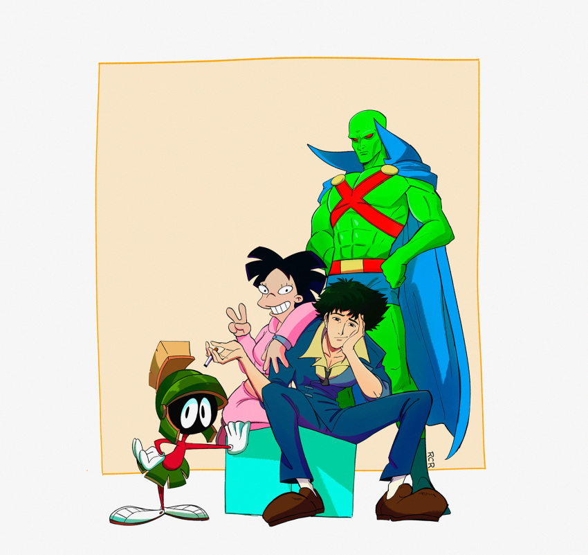 1girl 3boys alien amy_wong black_hair blue_cape brown_footwear cape cigarette cowboy_bebop crossover dc_comics futurama highres looney_tunes martian_manhunter marvin_the_martian multiple_boys rafael_cr sitting spike_spiegel toon_(style) v